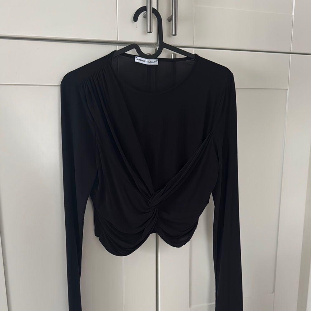 Bershka Black Long Sleeve Wrap Crop Blouse